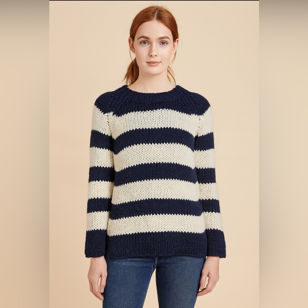 SPENCER VLADIMIR Navy and White Striped Chunky Knit Cotton Sweater